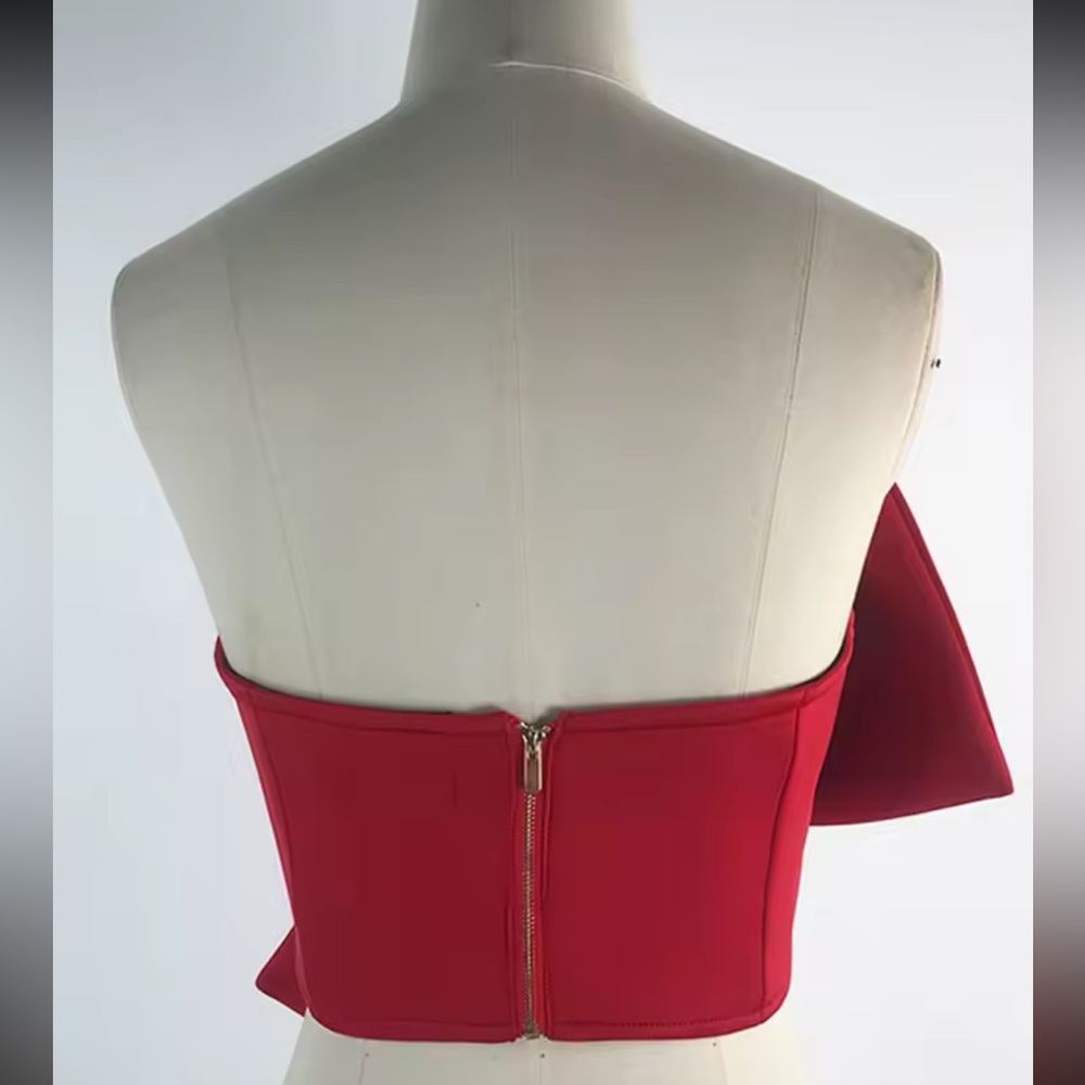 Bow crop tube top red huge bow zipper back NWT runway style fashion - Picture 3 of 3
